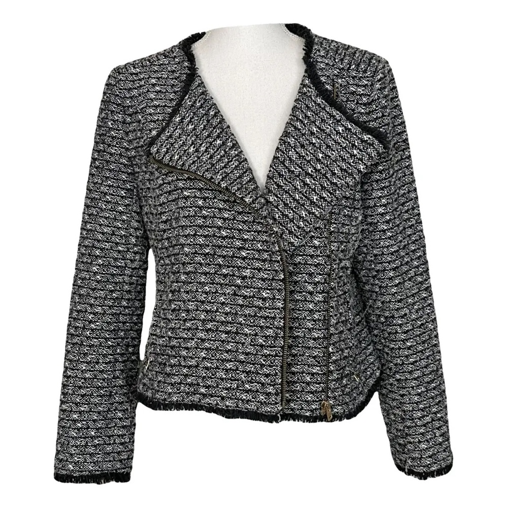 J. Crew Tweed Jacket Women Size 6 Black Fringe Hem Zip Front Moto Blazer Crop